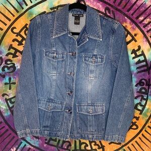 Style & Co. Y2K Denim Jacket Multiple Pockets 100% Cotton Size Petite Blue Jean